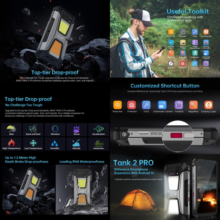 Unihertz 8849 Tank 2 Pro Night Vision Projector Rugged Phone, 12GB+256GB, 6.79 inch Android 14 MTK6789 Octa Core, Network: 4G (Black)