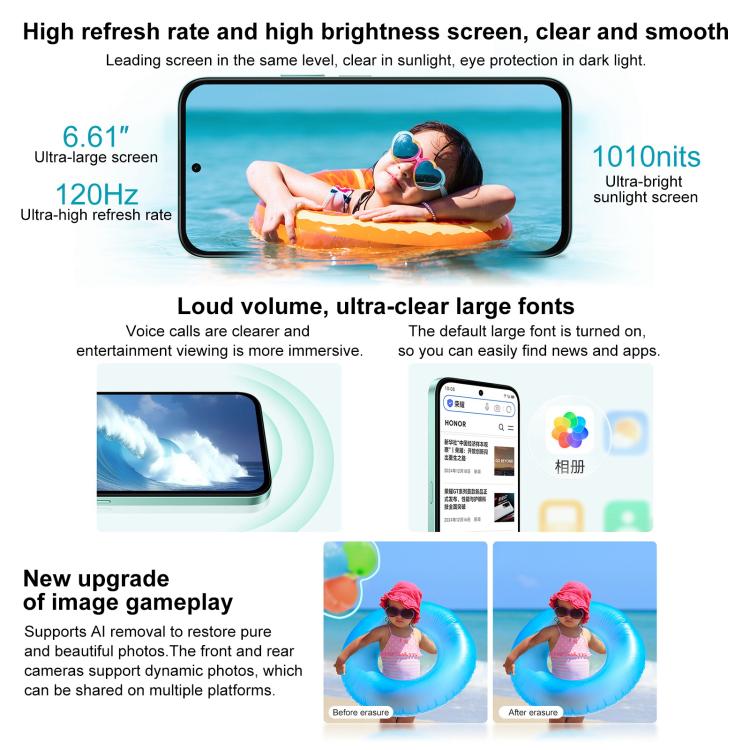 Honor Play 60, 6GB+128GB, Side Fingerprint, 6.61 inch MagicOS 9.0 Dimensity 6300 Octa Core, Network: 5G, OTG (Cyan)