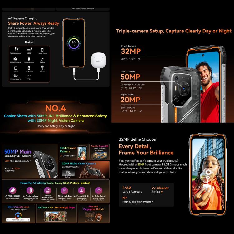 Blackview Oscal Pilot 3 5G Rugged Phone, 12GB+256GB, Night Vision Camera, 6.78 inch Android 15 MediaTek Dimensity 6300 Octa Core, Network: 5G, OTG, NFC (Black) - free shipping - PMC TechLife - Order now!