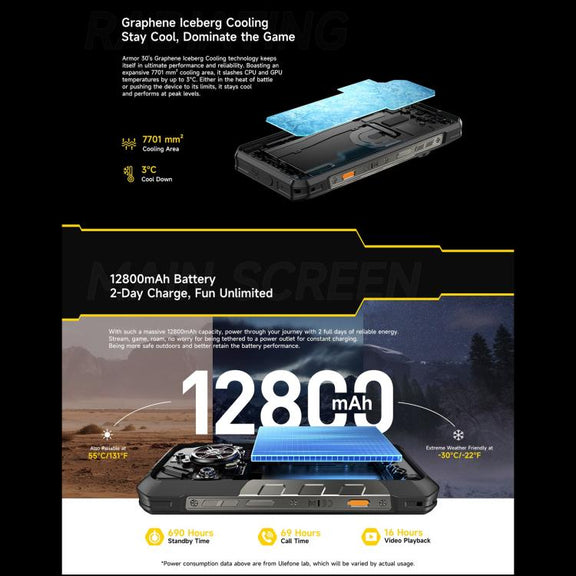 Ulefone Armor 30, 12GB+512GB, Night Vision, IP68/IP69K Rugged Phone, 6.95 inch Android 15 MediaTek Helio G100 Octa Core, Network: 4G, NFC, OTG (Black)