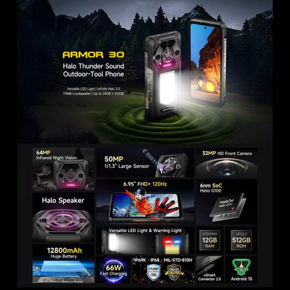 Ulefone Armor 30, 12GB+512GB, Night Vision, IP68/IP69K Rugged Phone, 6.95 inch Android 15 MediaTek Helio G100 Octa Core, Network: 4G, NFC, OTG (Black) - free shipping - PMC Jewellery - Order now!