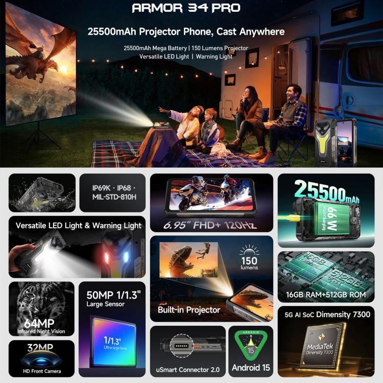 Ulefone Armor 34 Pro Projector, 16GB+512GB, Night Vision, IP68/IP69K Rugged Phone, 6.95 inch Android 15 MediaTek Dimensity 7300 Octa Core, Network: 5G, NFC, OTG (Black) - free shipping - PMC Jewellery - Order now!