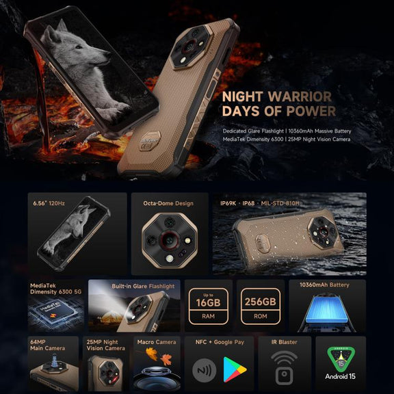 Ulefone Armor X16 Pro, 8GB+256GB, Night Vision, IP68/IP69K Rugged Phone, 6.56 inch Android 15 MediaTek Dimensity 6300 Octa Core, Network: 5G, NFC, OTG (Wasteland Shadow)