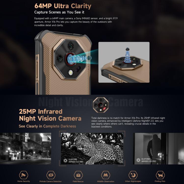 Ulefone Armor X16 Pro, 8GB+256GB, Night Vision, IP68/IP69K Rugged Phone, 6.56 inch Android 15 MediaTek Dimensity 6300 Octa Core, Network: 5G, NFC, OTG (Wasteland Shadow) - free shipping - PMC TechLife - Order now!