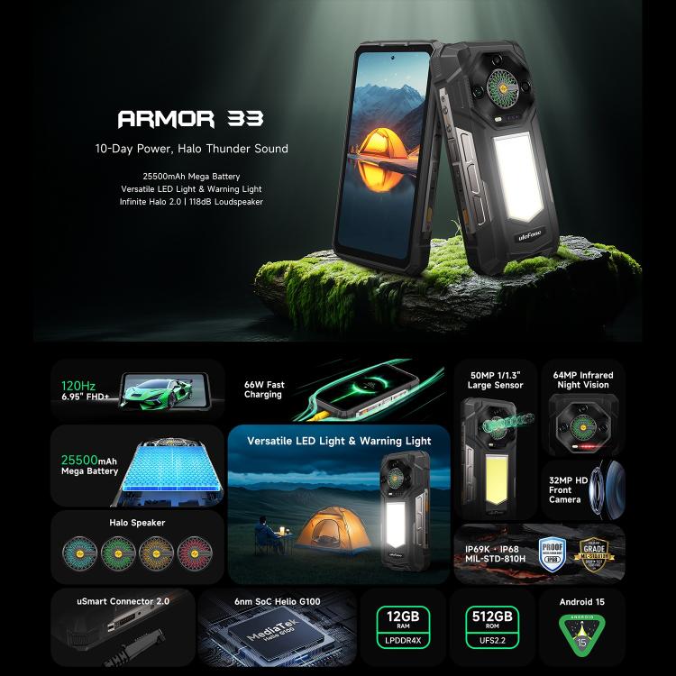 Ulefone Armor 33 Rugged Phone, 12GB+512GB, 6.95 inch Android 15 MediaTek Helio G100 Octa Core, Network: 4G, OTG, NFC, LED Light (Black) - free shipping - PMC Jewellery - Order now!