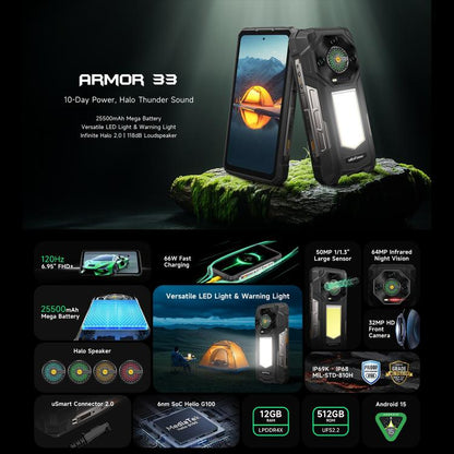 Ulefone Armor 33 Rugged Phone, 12GB+512GB, 6.95 inch Android 15 MediaTek Helio G100 Octa Core, Network: 4G, OTG, NFC, LED Light (Black) - free shipping - PMC Jewellery - Order now!