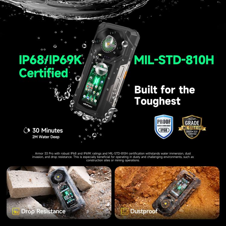 Ulefone Armor 33 Pro Rugged Phone, 16GB+512GB, Night Vision, 6.95 inch + 3.4 inch Dual Screen Android 14 MediaTek Dimensity 7300X Octa Core, Network: 5G, OTG, NFC (Black)