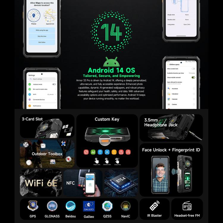 Ulefone Armor 33 Pro Rugged Phone, 16GB+512GB, Night Vision, 6.95 inch + 3.4 inch Dual Screen Android 14 MediaTek Dimensity 7300X Octa Core, Network: 5G, OTG, NFC (Black)