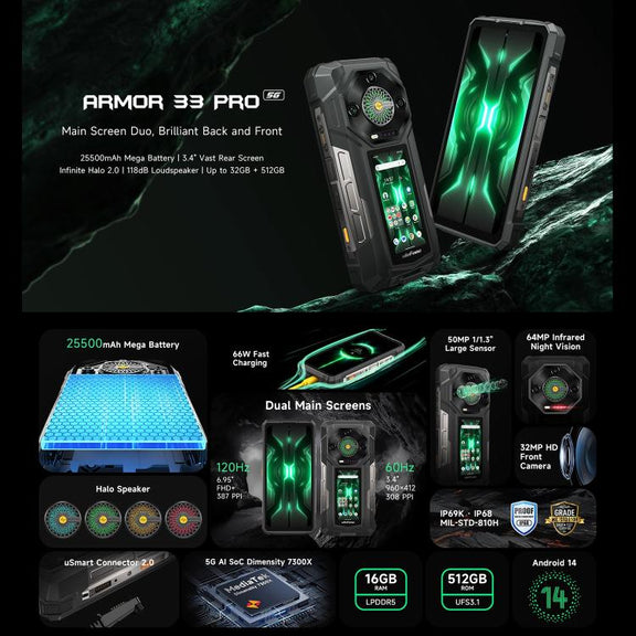 Ulefone Armor 33 Pro Rugged Phone, 16GB+512GB, Night Vision, 6.95 inch + 3.4 inch Dual Screen Android 14 MediaTek Dimensity 7300X Octa Core, Network: 5G, OTG, NFC (Black)