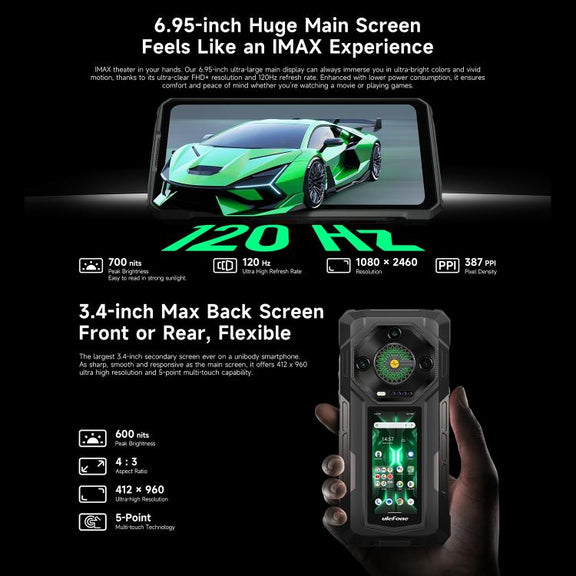Ulefone Armor 33 Pro Rugged Phone, 16GB+512GB, Night Vision, 6.95 inch + 3.4 inch Dual Screen Android 14 MediaTek Dimensity 7300X Octa Core, Network: 5G, OTG, NFC (Black)