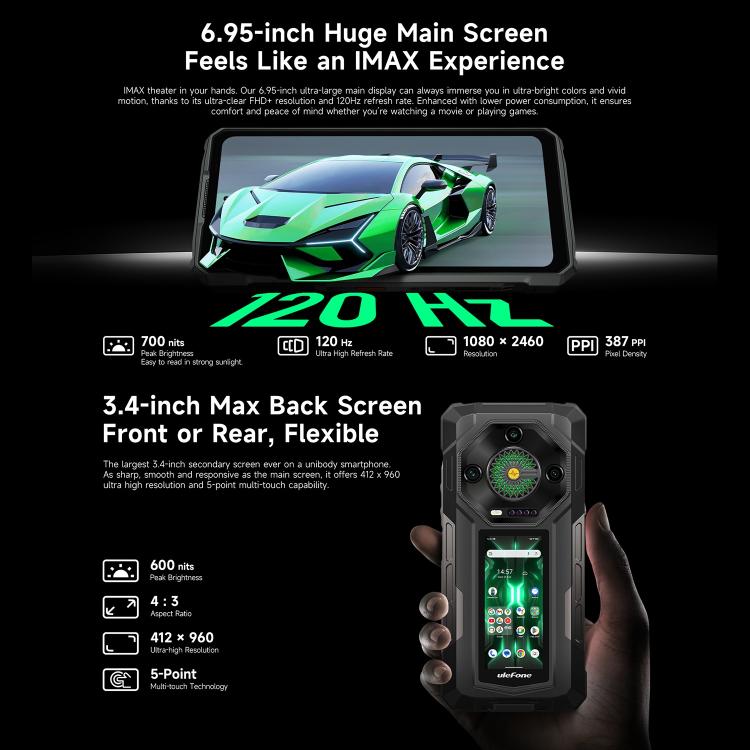 Ulefone Armor 33 Pro Rugged Phone, 16GB+512GB, Night Vision, 6.95 inch + 3.4 inch Dual Screen Android 14 MediaTek Dimensity 7300X Octa Core, Network: 5G, OTG, NFC (Black)