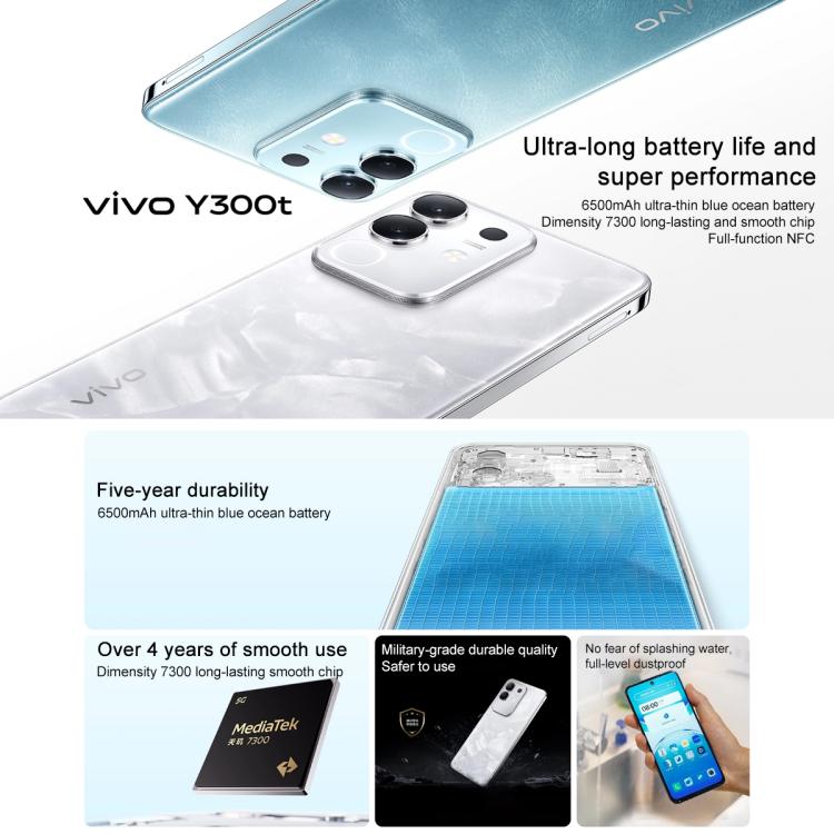 vivo Y300t, 12GB +512GB, Face ID / Side Fingerprint,  6.72 inch Android 15 OriginOS 5 Dimensity 7300 Octa Core, OTG, NFC, Network: 5G (Aqua Blue)