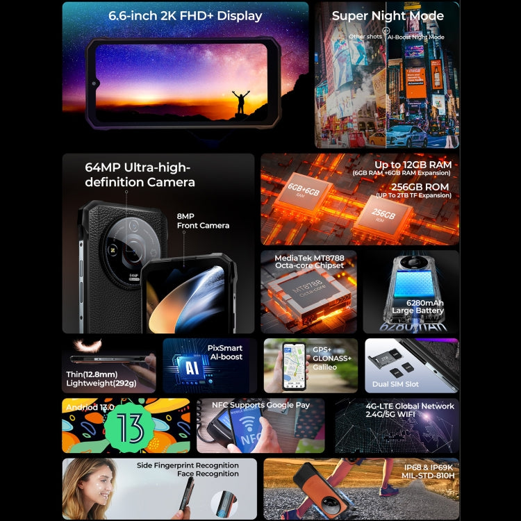 HOTWAV T7 Pro Rugged Phone, 6GB+256GB, 6280mAh, 6.6 inch Android 13 MT8788 Octa Core, Network: 4G, OTG (Orange)