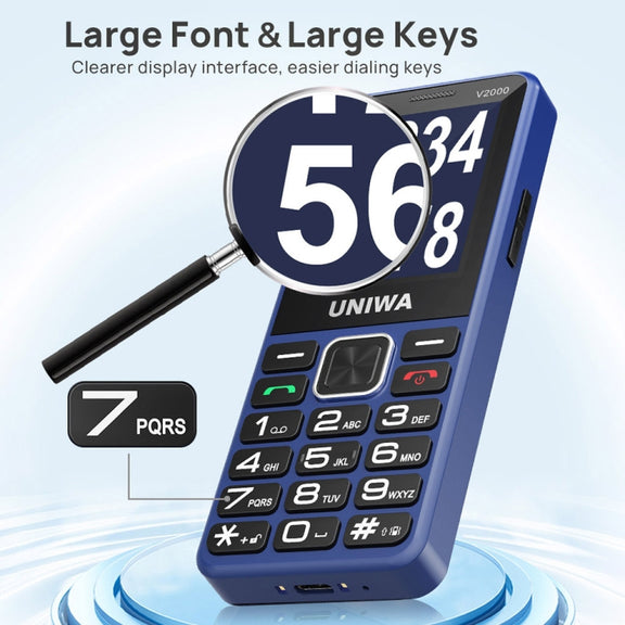 UNIWA V2000 Elder Keypad Phone, 2.4 inch Unisoc T107, 1700mAh Battery, LED Flashlight, SOS, Network: 4G, EU Plug (Black)