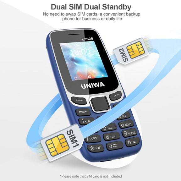 UNIWA E1805, 1.77 inch, SC6531E, 21 Keys, Support Bluetooth, Torch, FM, MP3, MP4, GSM, Dual SIM (Blue)