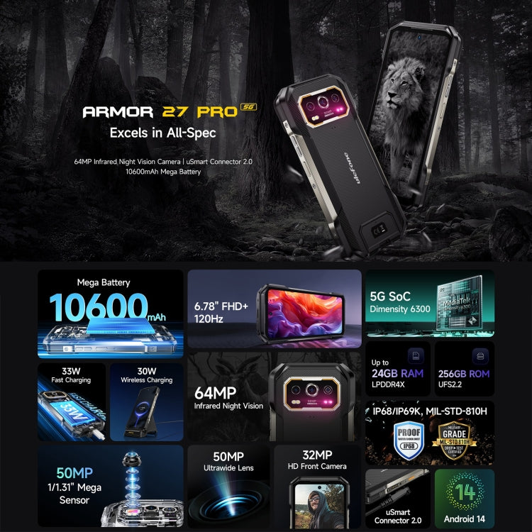 Ulefone Armor 27 Pro Rugged Phone, 12GB+256GB, Night Vision, 10600mAh, 6.78 inch Android 14 MediaTek Dimensity 6300 Octa Core, Network: 5G, NFC (Black)