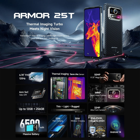 Ulefone Armor 25T Rugged Phone, 6GB+256GB, Thermal Imaging, 6.78 inch Android 14 MediaTek Helio G99 Octa Core, Network: 4G, NFC, OTG (Black)