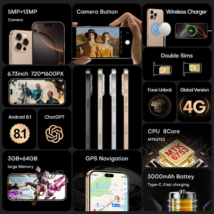 i16 Pro Max / A08A, 3GB+64GB, 6.73 inch Screen, Face Identification, Android 8.1 MTK6753 Octa Core, Network: 4G, Dual SIM, US Plug (Black) - free shipping - PMC Jewellery - Order now!