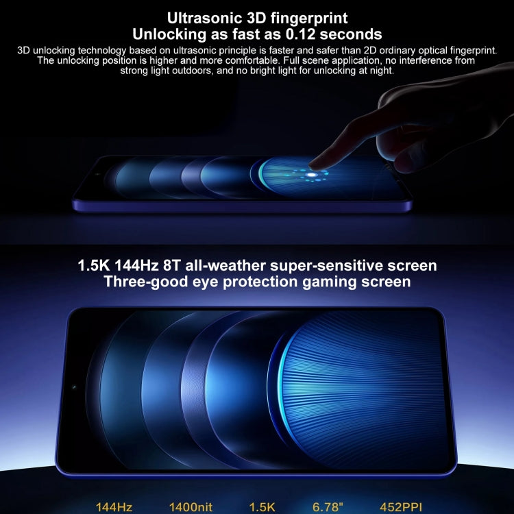 vivo iQOO Neo9S Pro+, 16GB+512GB, Face ID & Ultrasonic 3D Fingerprint Identification, 6.78 inch Android 14 OriginOS 4 Snapdragon 8 Gen 3 Octa Core 2.63GHz, OTG, NFC, Network: 5G, Support Google Play (Blue)