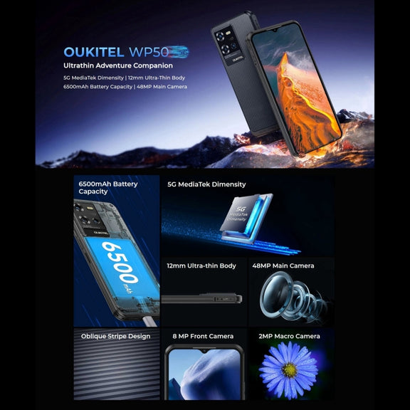 Oukitel WP50 5G Rugged Phone, 4GB+256GB, 6.6 inch Android 14.0 MediaTek Dimensity 6100+ Octa-core, NFC, OTG, Network: 5G (Black)