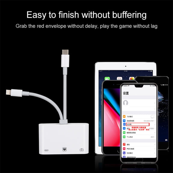 NK-107 Pro 3 in 1 USB-C / Type-C + 8 Pin Male to USB + RJ45 + 8 Pin Charging Female Interface Adapter