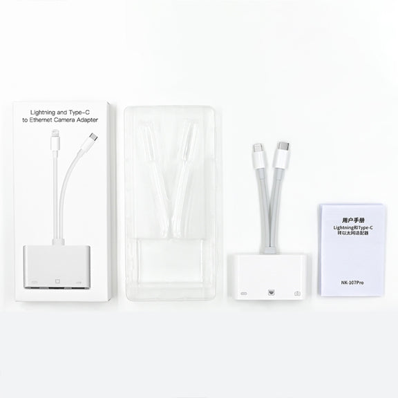NK-107 Pro 3 in 1 USB-C / Type-C + 8 Pin Male to USB + RJ45 + 8 Pin Charging Female Interface Adapter