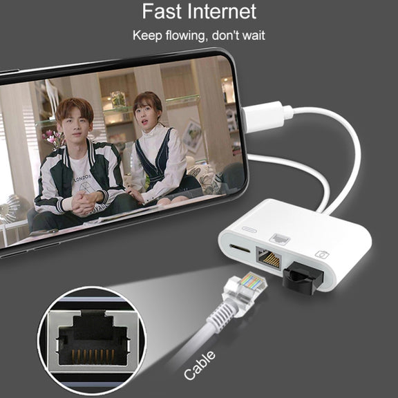 NK-107 Pro 3 in 1 USB-C / Type-C + 8 Pin Male to USB + RJ45 + 8 Pin Charging Female Interface Adapter