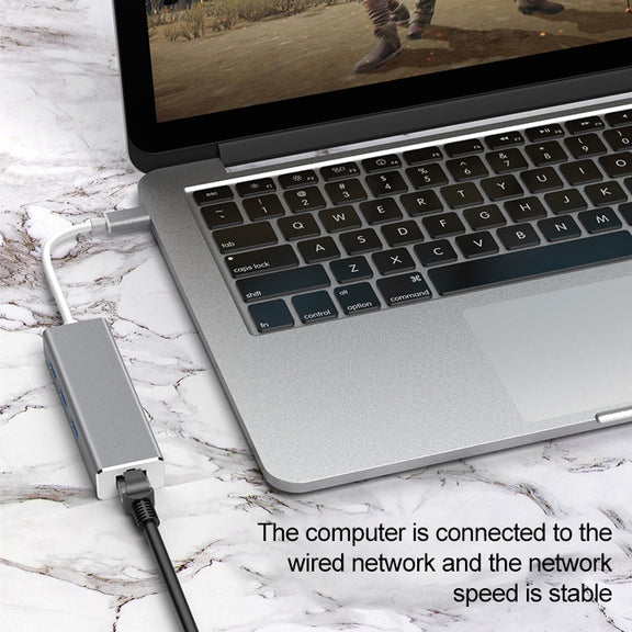 USB-C / Type-C to Gigabit Ethernet RJ45 & 3 x USB 3.0 Adapter Converter HUB, Computer External Tablet Phone Universal(Grey)