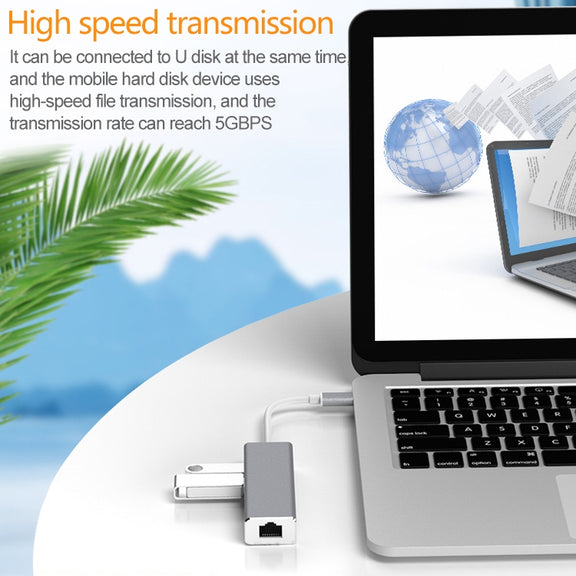 USB-C / Type-C to Gigabit Ethernet RJ45 & 3 x USB 3.0 Adapter Converter HUB, Computer External Tablet Phone Universal(Silver)