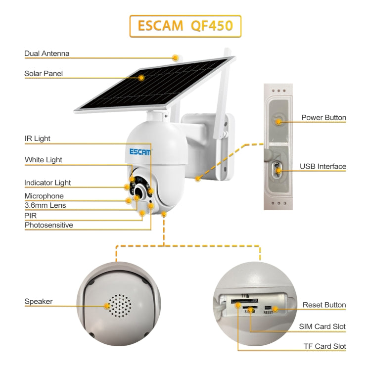 ESCAM QF450 HD 1080P 4G EU Version Solar Powered IP Camera without Memory, Support Two-way Audio & PIR Motion Detection & Night Vision & TF Card - free shipping - PMC Jewellery - Order now!