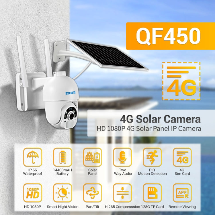 ESCAM QF450 HD 1080P 4G EU Version Solar Powered IP Camera without Memory, Support Two-way Audio & PIR Motion Detection & Night Vision & TF Card - free shipping - PMC Jewellery - Order now!