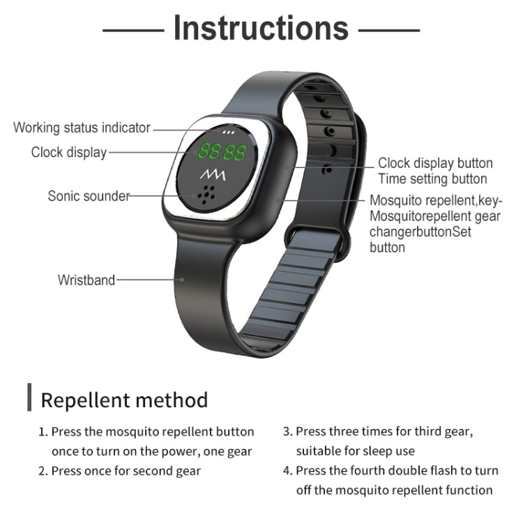 F9 Outdoor Silica Gel Mosquito Repellent Wristband with Clock(Black) - free shipping - PMC TechLife - Order now!