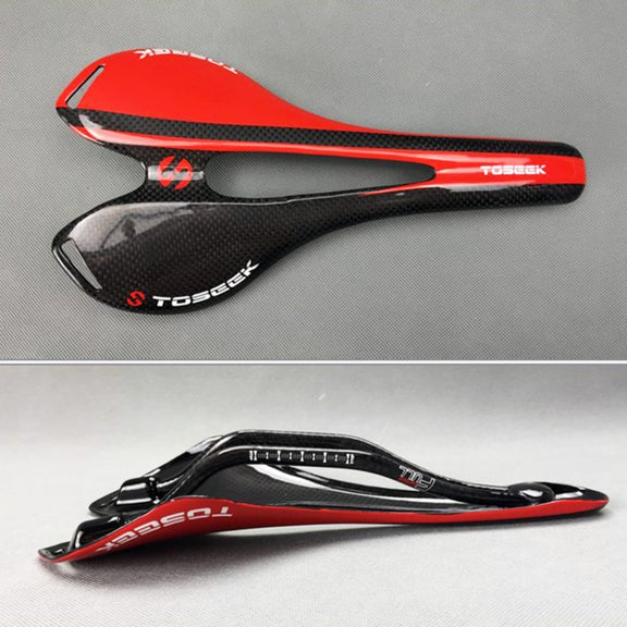 TOSEEK Road Bike Carbon Fiber Seat Bicycle Hollow Seat Saddle, 3K Texture + Light (Red)