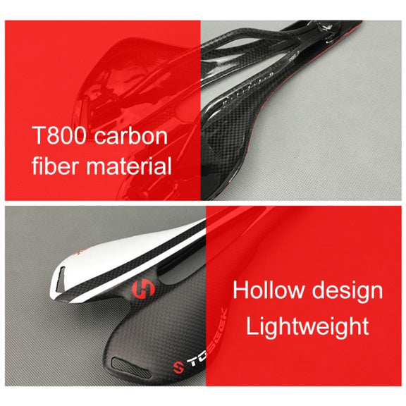 TOSEEK Road Bike Carbon Fiber Seat Bicycle Hollow Seat Saddle, 3K Texture + Light (Red)