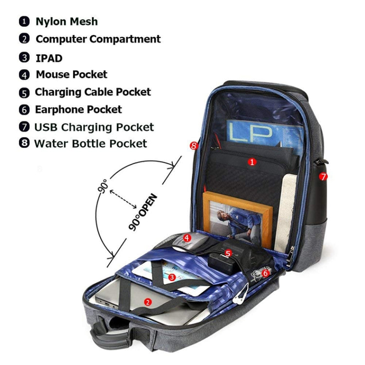 Bopai 851-014518 Business Water-resistant Three-layer Large Capacity Double Shoulder Bag,with USB Charging Port, Size: 37x21x47.5cm (Black)