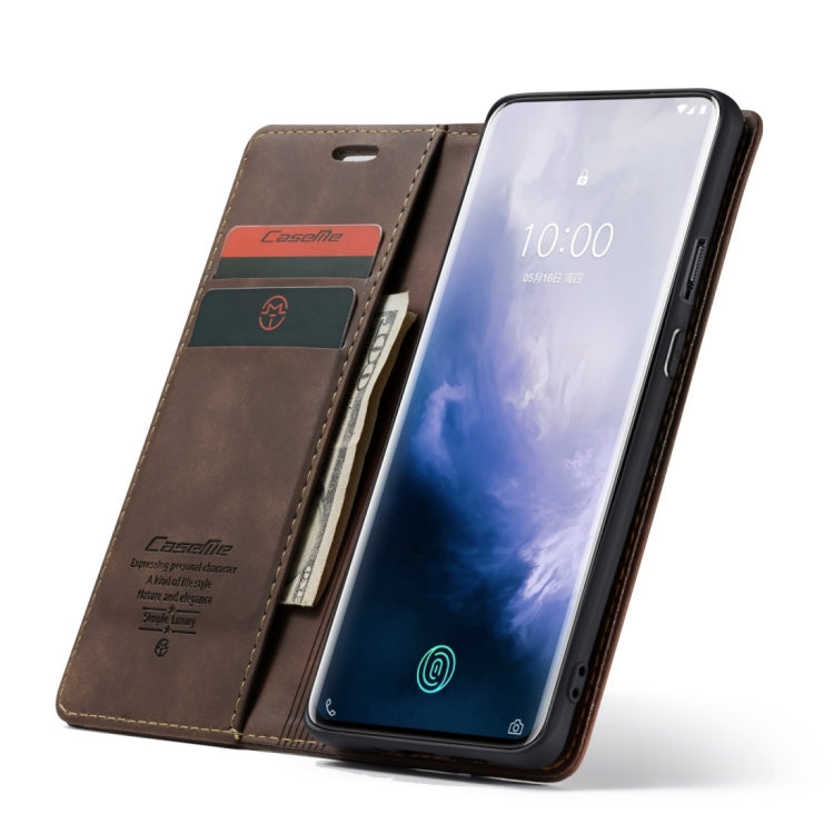CaseMe-013 Multifunctional Retro Frosted Horizontal Flip Leather Case for OnePlus 7 Pro, with Card Slot & Holder & Zipper Wallet & Photo Frame(Coffee)