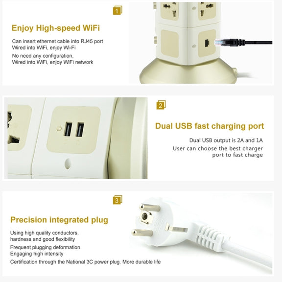 VONETS WiFi-SB-L3 3 Layers with 8 Outlets + 2 USB Ports + RJ45 Port 300Mbps WiFi Repeater Smart Power Sockets, EU Plug, Cable Length: 2m(Gold)