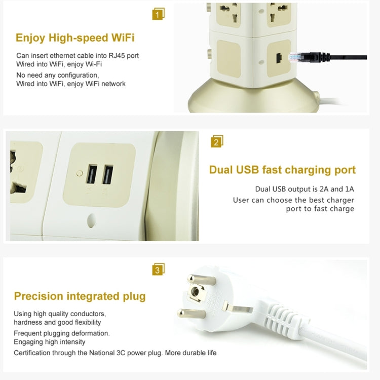 VONETS WiFi-SB-L3 3 Layers with 8 Outlets + 2 USB Ports + RJ45 Port 300Mbps WiFi Repeater Smart Power Sockets, EU Plug, Cable Length: 2m(Gold)