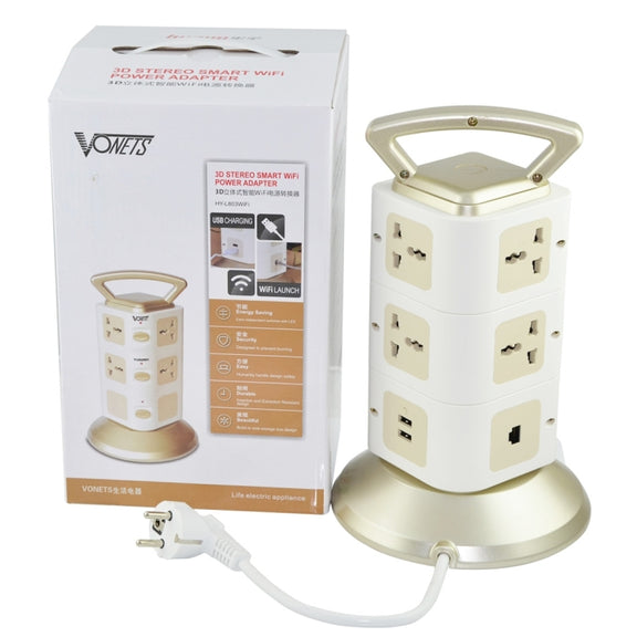 VONETS WiFi-SB-L3 3 Layers with 8 Outlets + 2 USB Ports + RJ45 Port 300Mbps WiFi Repeater Smart Power Sockets, EU Plug, Cable Length: 2m(Gold)