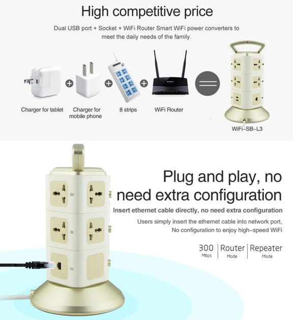 VONETS WiFi-SB-L3 3 Layers with 8 Outlets + 2 USB Ports + RJ45 Port 300Mbps WiFi Repeater Smart Power Sockets, EU Plug, Cable Length: 2m(Gold)