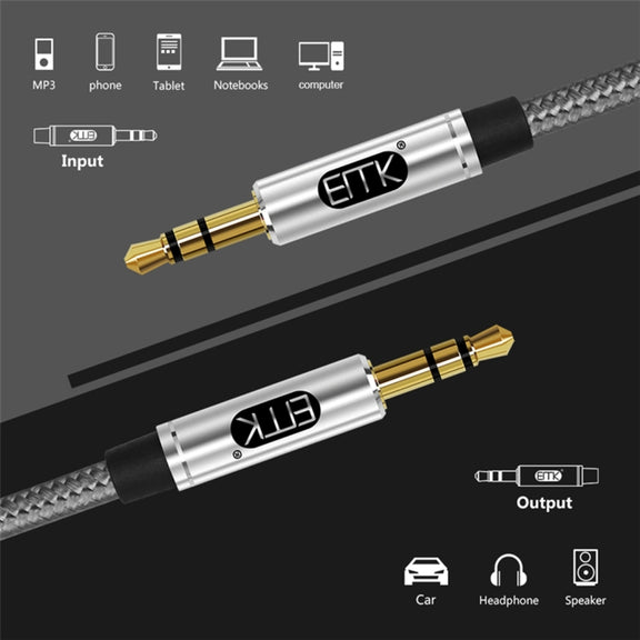 EMK 3.5mm Male to Male Gold-plated Plug Cotton Braided Audio Cable for Speaker / Notebooks / Headphone, Length: 1m(Grey)