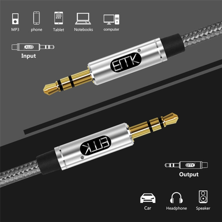 EMK 3.5mm Male to Male Gold-plated Plug Cotton Braided Audio Cable for Speaker / Notebooks / Headphone, Length: 1m(Grey)