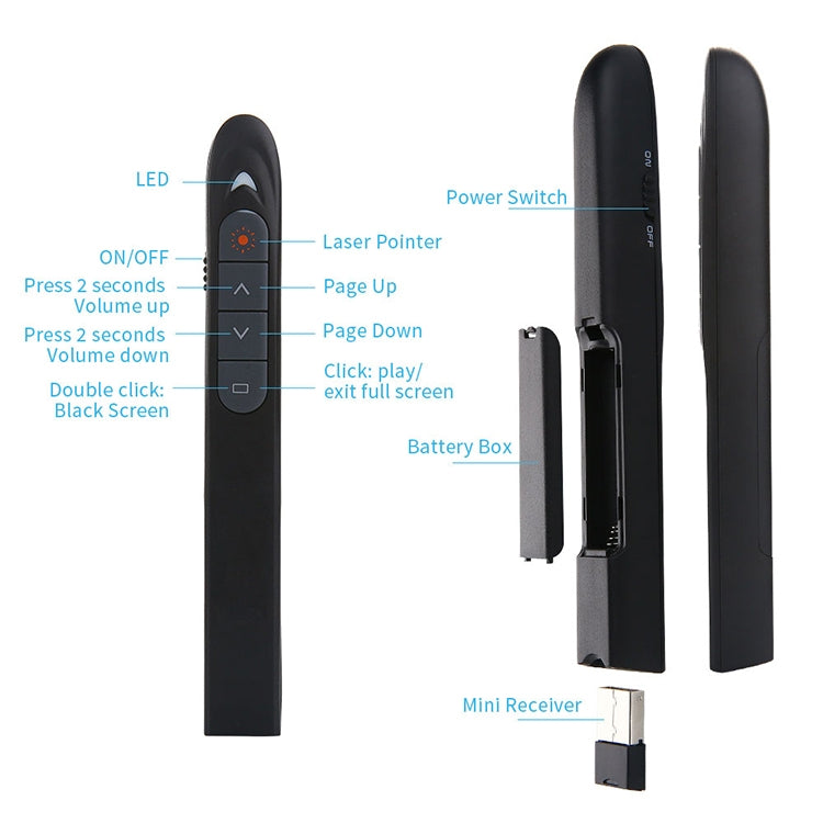 XM930 2.4GHz Wireless Laser PowerPoint Page Turning Pen Multimedia Wireless Presentation Projection Pen with USB Receiver, Support Low Battery Remind, Remote Control Distance: 100m(Black)