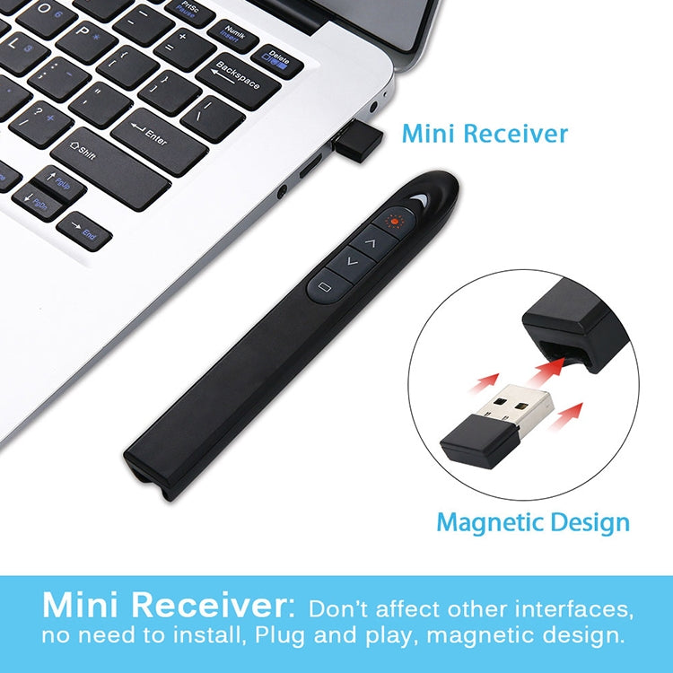 XM930 2.4GHz Wireless Laser PowerPoint Page Turning Pen Multimedia Wireless Presentation Projection Pen with USB Receiver, Support Low Battery Remind, Remote Control Distance: 100m(Black)