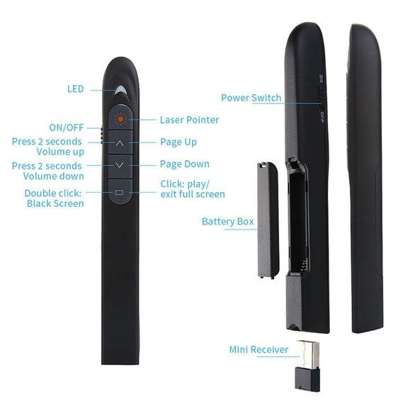 XM930 2.4GHz Wireless Laser PowerPoint Page Turning Pen Multimedia Wireless Presentation Projection Pen with USB Receiver, Support Low Battery Remind, Remote Control Distance: 100m(White)