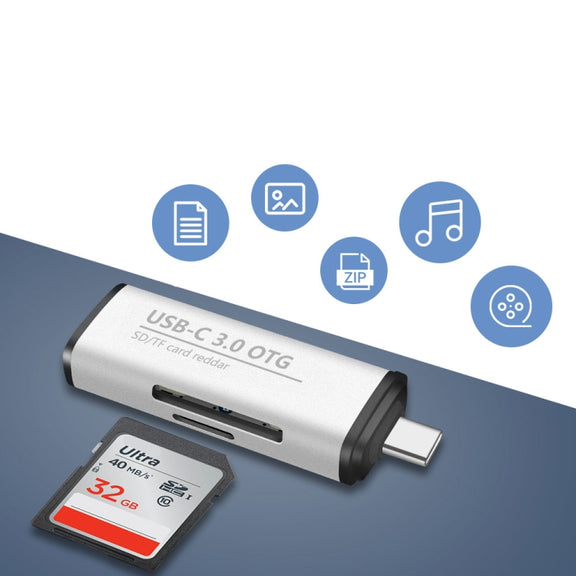 ADS-103 3 in 1 Type-C Male to USB 3.0 Female + SD / TF Card Slots OTG Adapter SD / TF Card Reader (Silver)