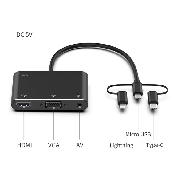 7585B 3 in 1 Micro USB / 8 Pin / Type-C to VGA / HDTV / AV Adapter Mobile HD Screen Player (White)