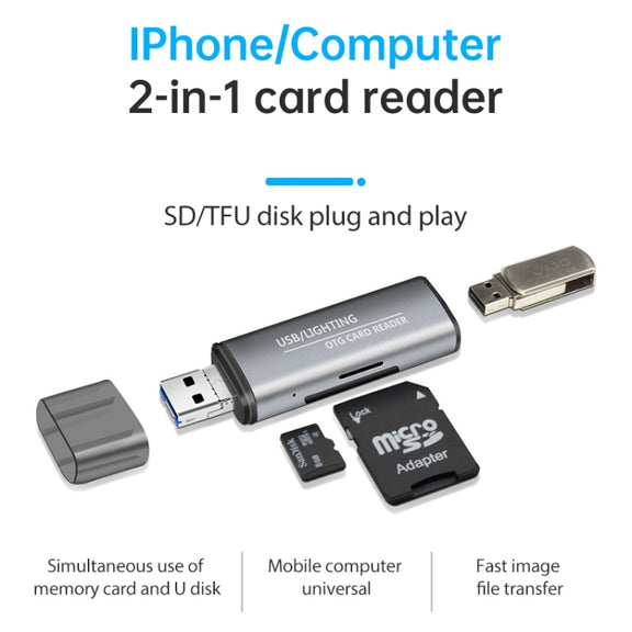 118 2 in 1 USB + 8 Pin Interfaces USB Flash Disk / Memory Card OTG Card Reader for IOS System Mobile Phone / Computer (Dark Gray)