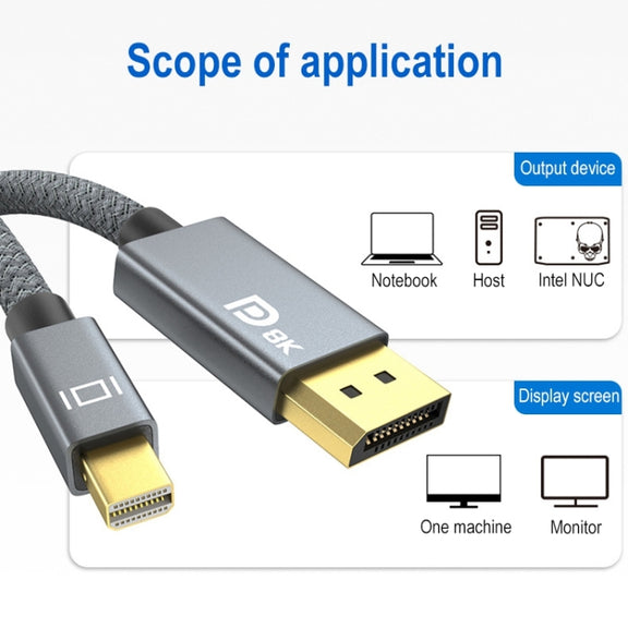 Mini DP Male to 8K DisplayPort 1.4 Male HD Braided Adapter Cable, Cable Length: 2m