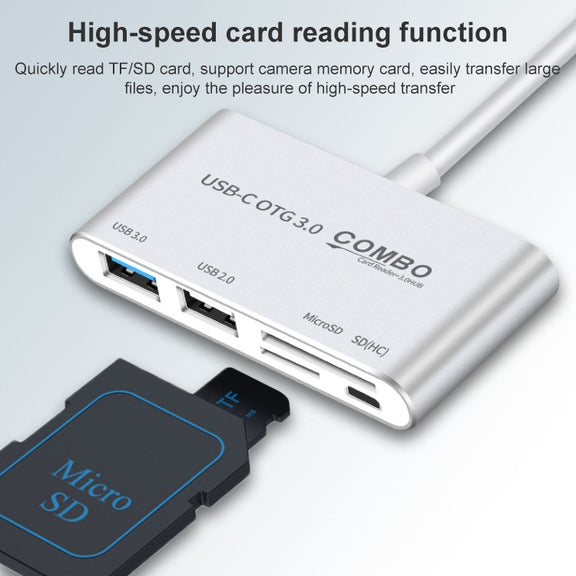 COMBO T-693 5 in 1 USB-C / Type-C to SD / TF / Micro SD Card Slot + USB 3.0 + USB 2.0Ports OTG HUB Card Reader(Silver)